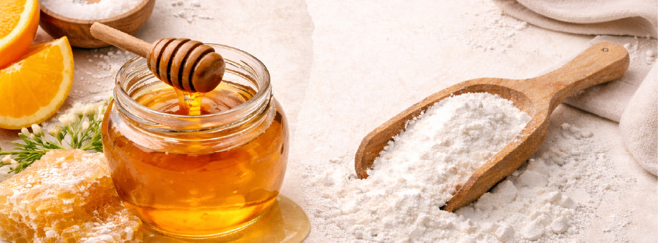 Honey and salt shown as natural carbohydrate and electrolyte ingredients used for endurance fueling.