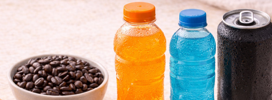 Caffeine sources and electrolyte drinks arranged on a neutral background with coffee beans.