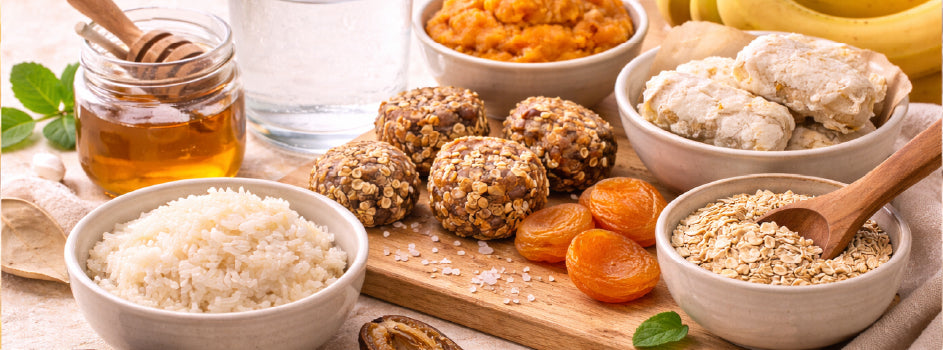 Natural carbohydrate foods commonly used for endurance fueling, including honey, rice, oats, dried fruit, and energy bites arranged on a wooden surface.