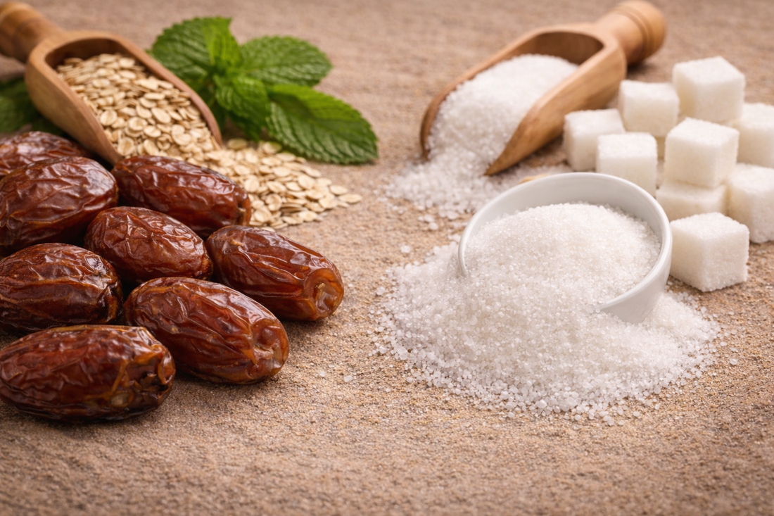 Natural carbs, dates and oats on a neutral background with processed carbs, sugar
